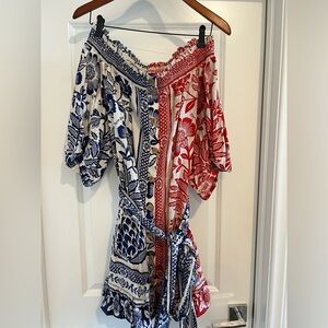 FARM Rio Red and Blue Off-Shoulder Mini Dress